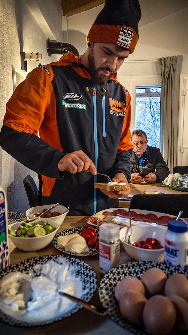 Rider is having breakfast
